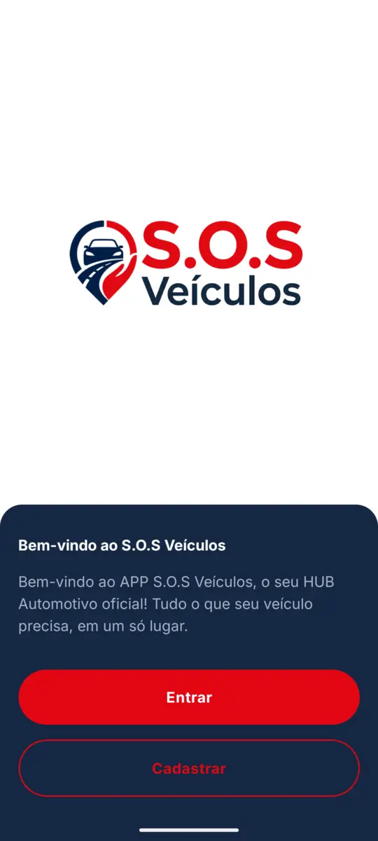 Tela de boas-vindas do aplicativo S.O.S Veículos