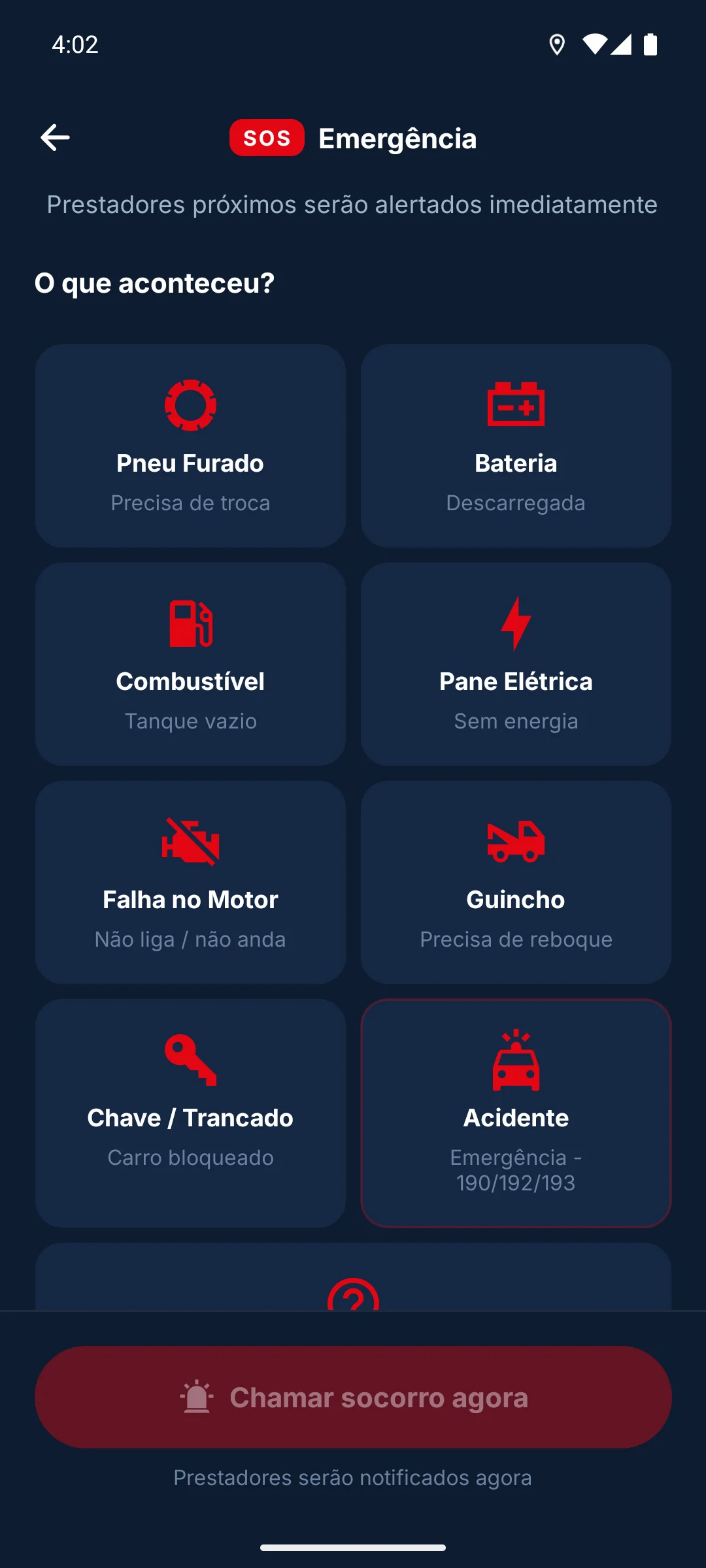 Tela do aplicativo para selecionar o tipo de emergência automotiva